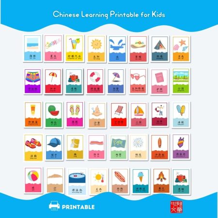 Summer Theme Chinese Montessori Flashcards for Kids #Chinese4kids #learnChinese #mandarinCHinese #3-partflashcards #flashcards #Montessori #Chinesevocabulary #summer #summertopic #Chineselearning