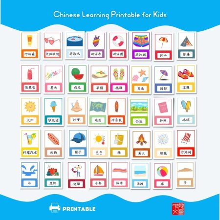 Summer Theme Chinese Montessori Flashcards for Kids #Chinese4kids #learnChinese #mandarinCHinese #3-partflashcards #flashcards #Montessori #Chinesevocabulary #summer #summertopic #Chineselearning